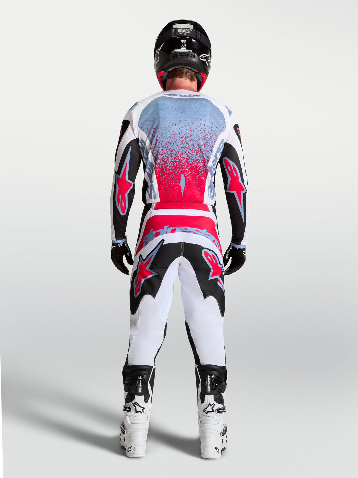 Alpinestars 2027 Fluid Drag Gear Set, Men's Motocross Outfit, White and Red, moisture-wicking polyfabric, Rear View.