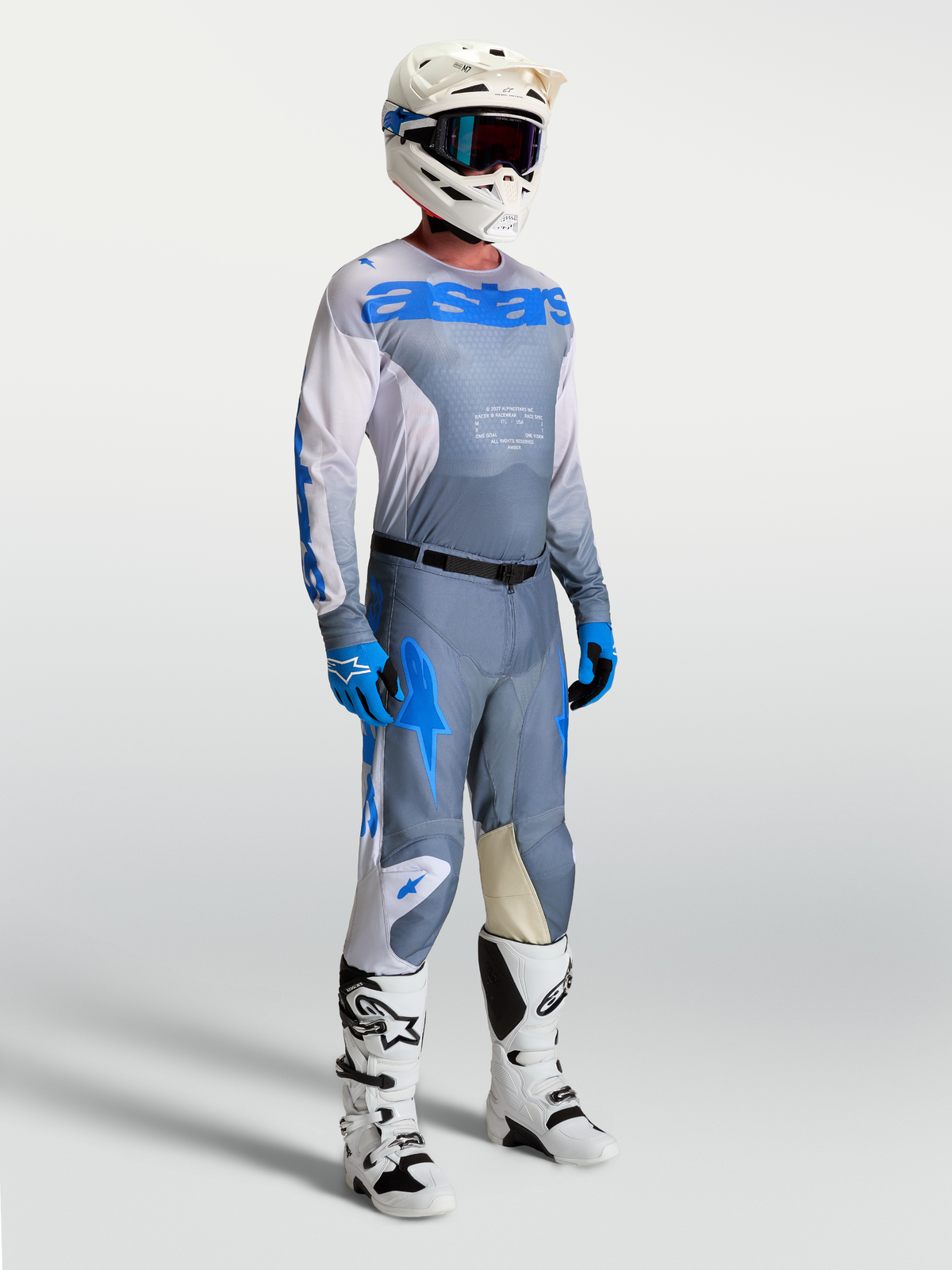 Alpinestars Racer Amber Gear Set and Pants, men's motocross outfit in ash gray and UCLA blue with a performance race fit.