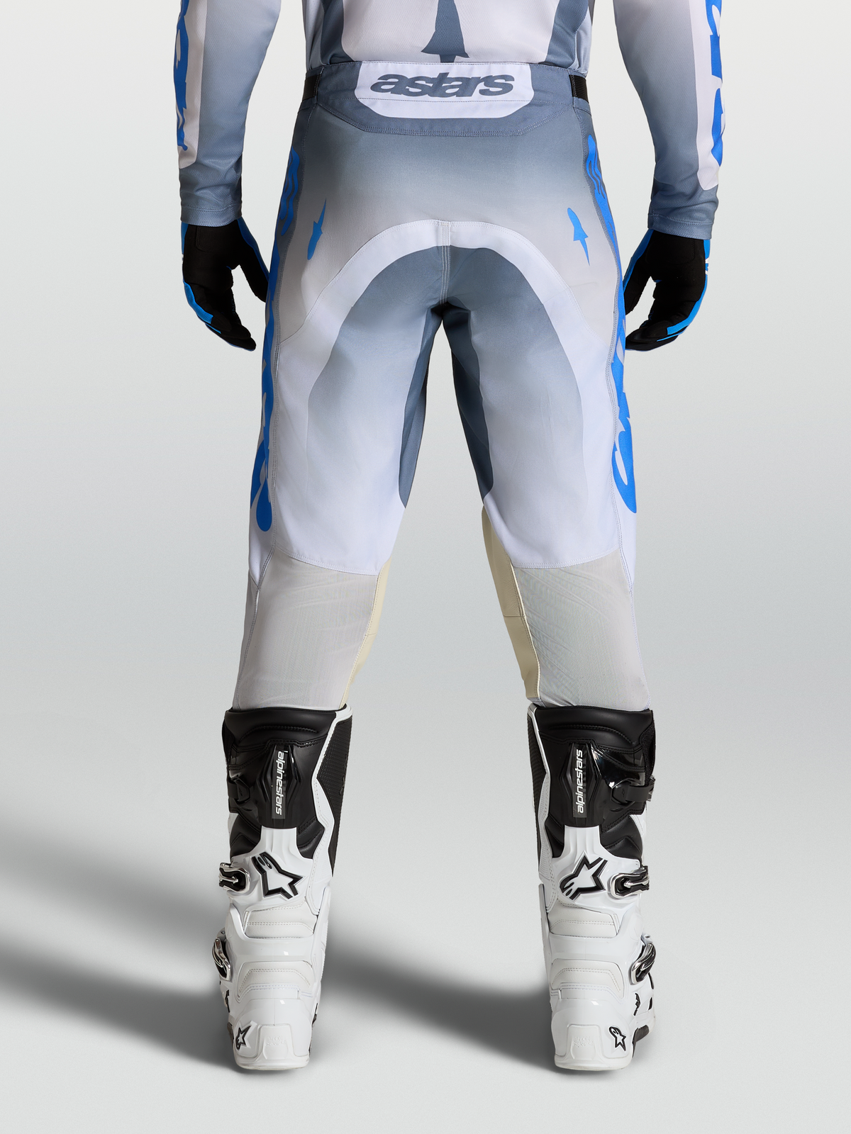 Alpinestars Racer Amber Pants, Men's Motocross Pants in Gray and Blue, featuring a race fit and durable 600D polyfabric.