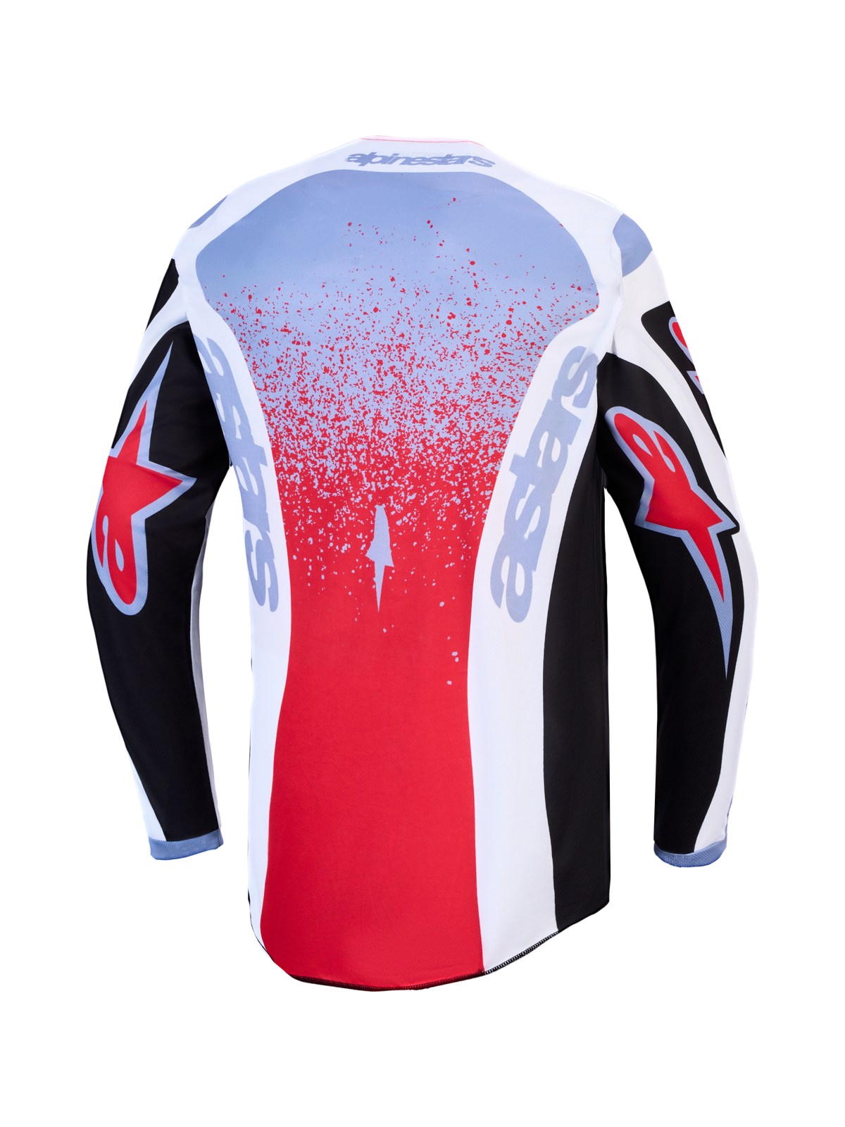 Alpinestars Fluid Drag trøje, herre-motorcrosstrøje, sort, rød og hvid, åndbart tekstil med forlænget rygstykke, set bagfra.