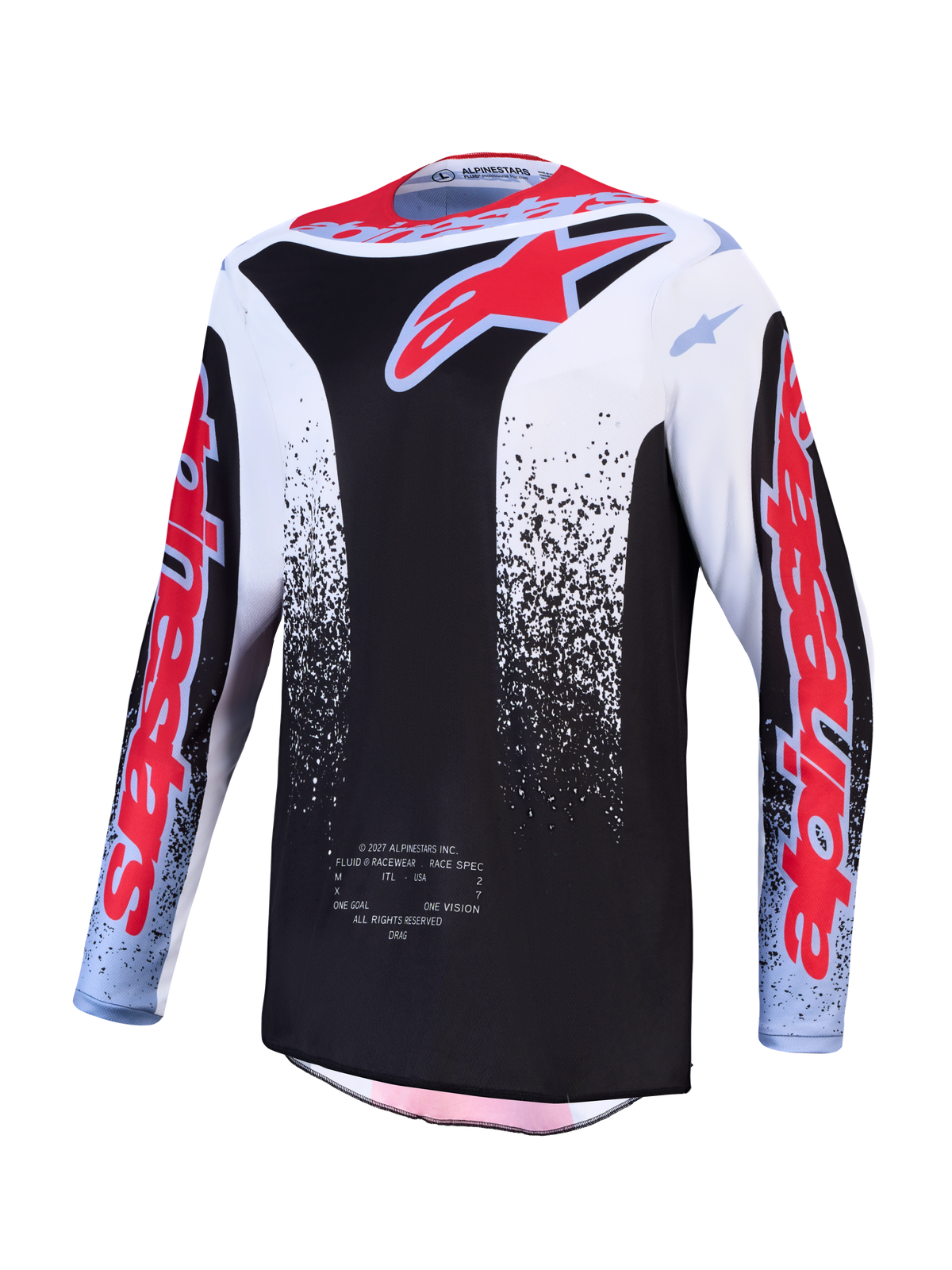 Alpinestars Fluid Drag trøje, sort og hvid motocrosstrøje med rød fluo-grafik, fugttransporterende tekstil til off-road.