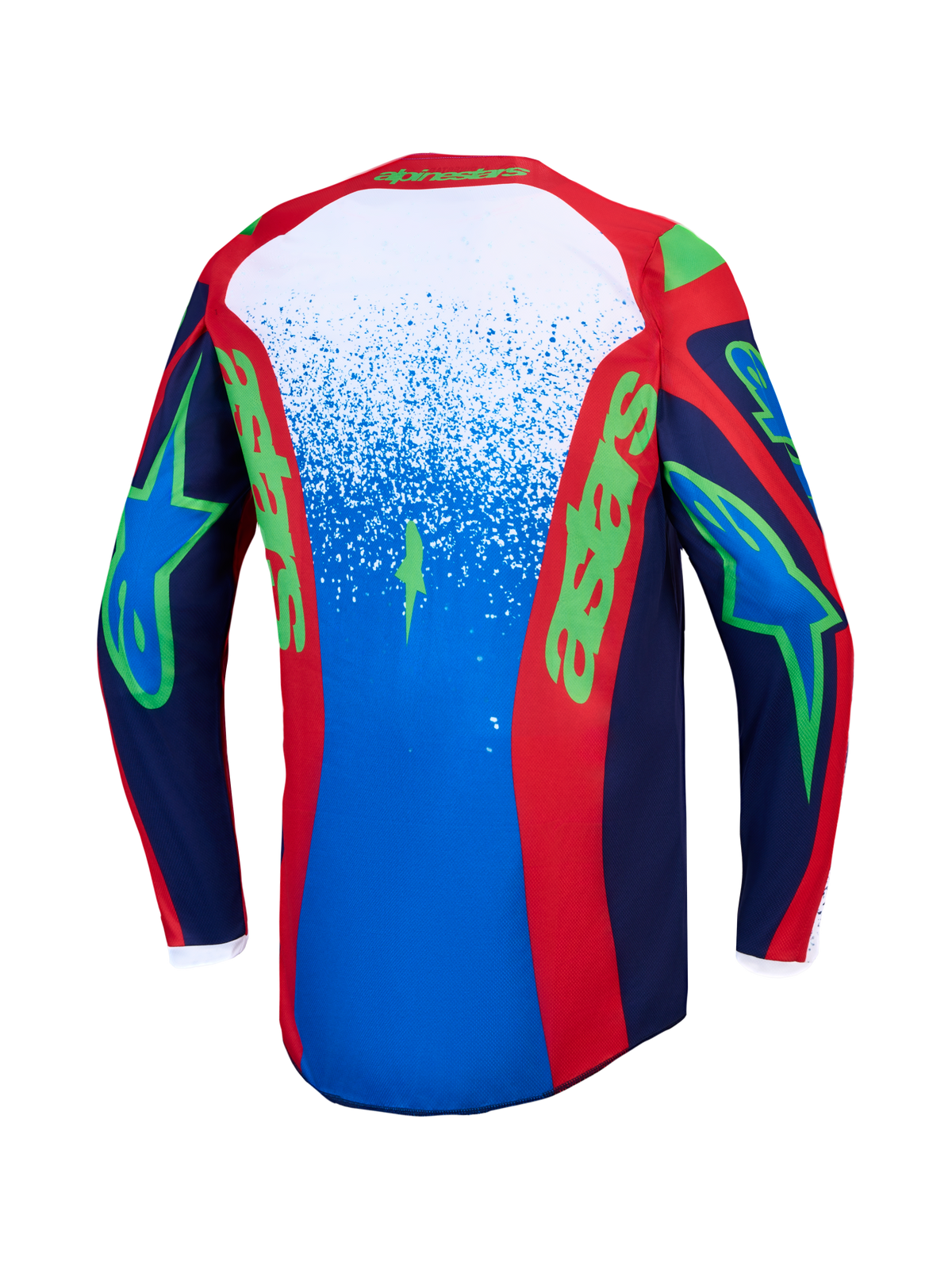 Alpinestars Fluid Drag trøje, motocrosstrøje til herrer, blå og rød med grøn grafik, set bagfra.