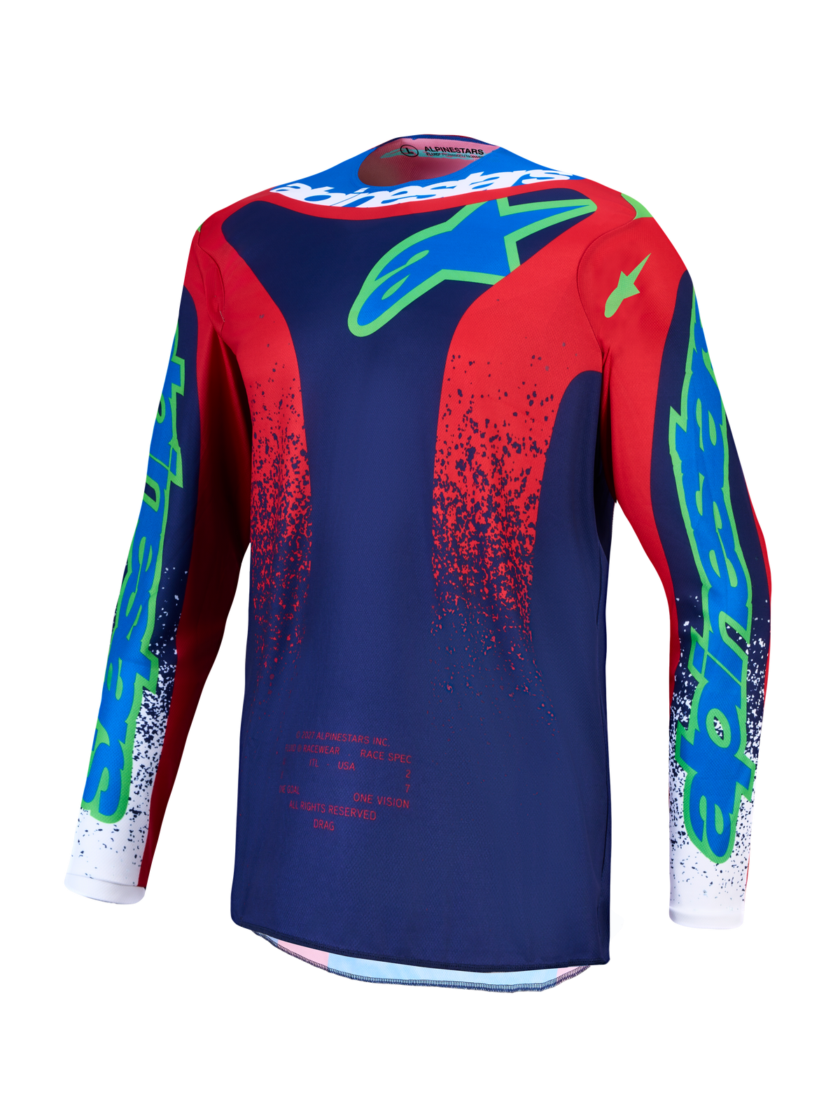 Alpinestars Fluid Drag trøje, herre-motocrosstrøje i mørkeblå og rød, åndbart og fugttransporterende polystof.