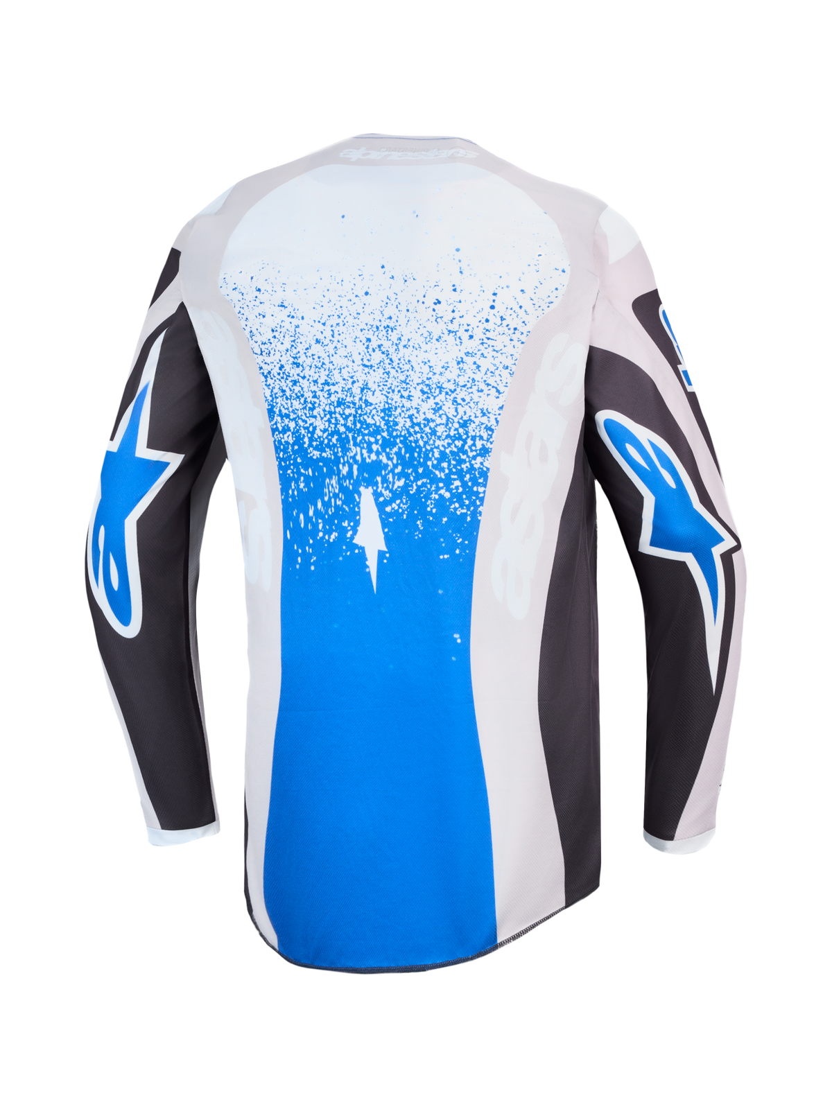 Alpinestars Fluid Drag trøje, blå og grå motocrosstrøje til herrer, set bagfra med splattergrafik og hvide stjernelogoer, let og åndbart materiale til off-road kørsel.