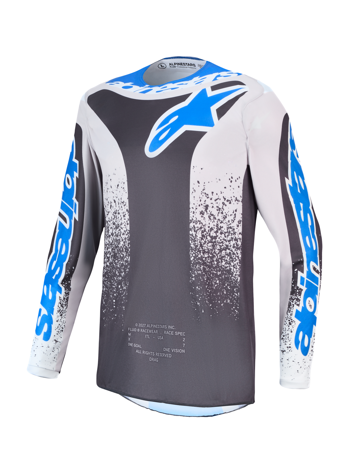 Alpinestars Fluid Drag trøje, herre-motocrosstrøje i grå og blå, fugttransporterende poly-stof.