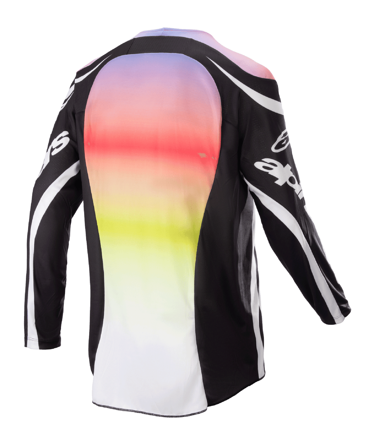 Alpinestars 2023 Racer Semi Jersey, motocross-trøje, sort multifarvet, set bagfra med et stort centralt panel med en livlig lilla til gul farveovergang, sorte ærmer og skuldre med hvide logo-detaljer og buede linjer, designet til off-road performance