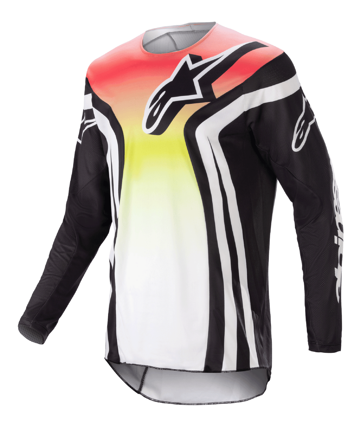 Alpinestars 2023 Racer Semi trøje, langærmet motocrosstrøje, sort og multifarvet med rød, gul og hvid gradient, markant brystlogo og hvide striber på ærmerne, letvægts fugtafledende materiale til off-road kørsel