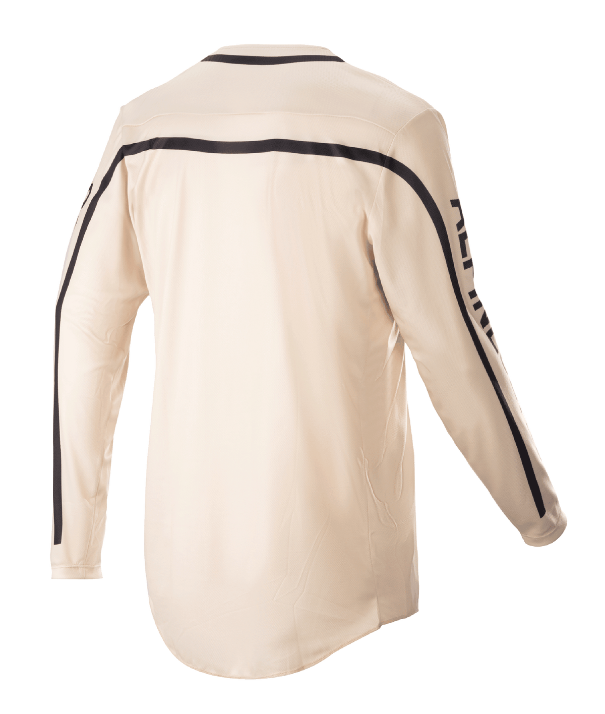 Alpinestars 2023 Racer Found Jersey, motocross-trøje, Mountain (Tan), set bagfra, med sorte striber over skuldrene og ned ad ærmerne, ergonomisk snit med længere bagside for dækning under kørsel