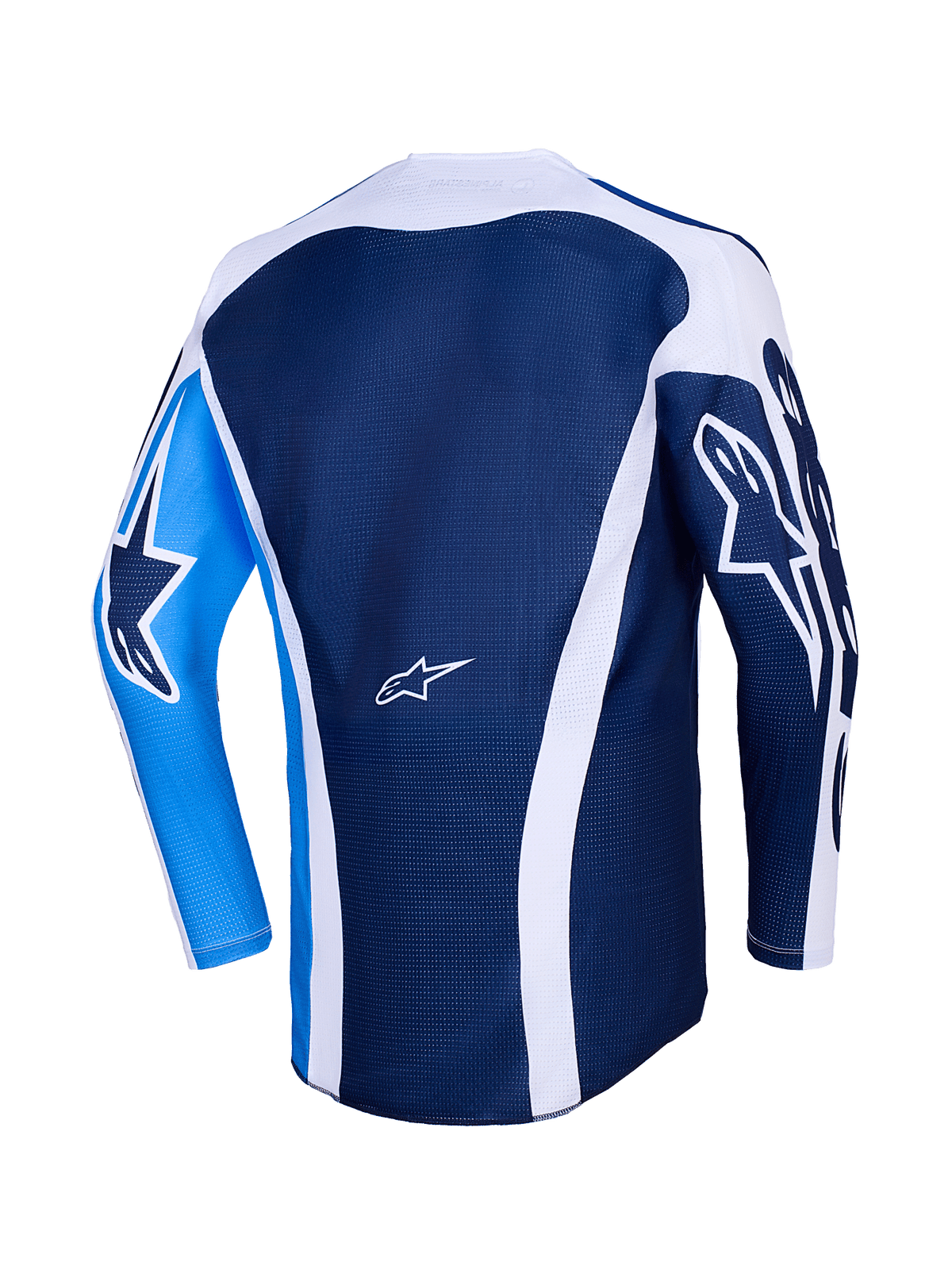 Alpinestars 2026 Racer Air Portl Jersey, set bagfra, Ucla blå og hvid, mørkeblå mesh-overdel med hvide buede detaljer, lyseblåt venstre ærme med mørkeblåt stjerne-logo, mørkeblåt højre ærme med hvidt stjerne-logo, åndbar motocross-trøje til præstationskørsel