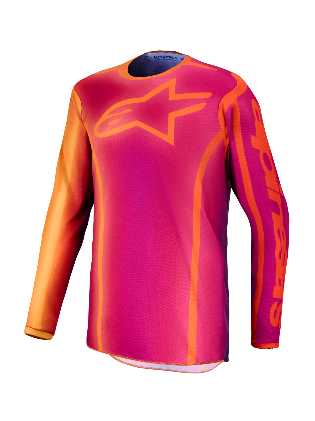 Alpinestars Fluid Kepler trøje, lilla og orange herre-motocrosstrøje i fugttransporterende polystof til terrænkørsel.
