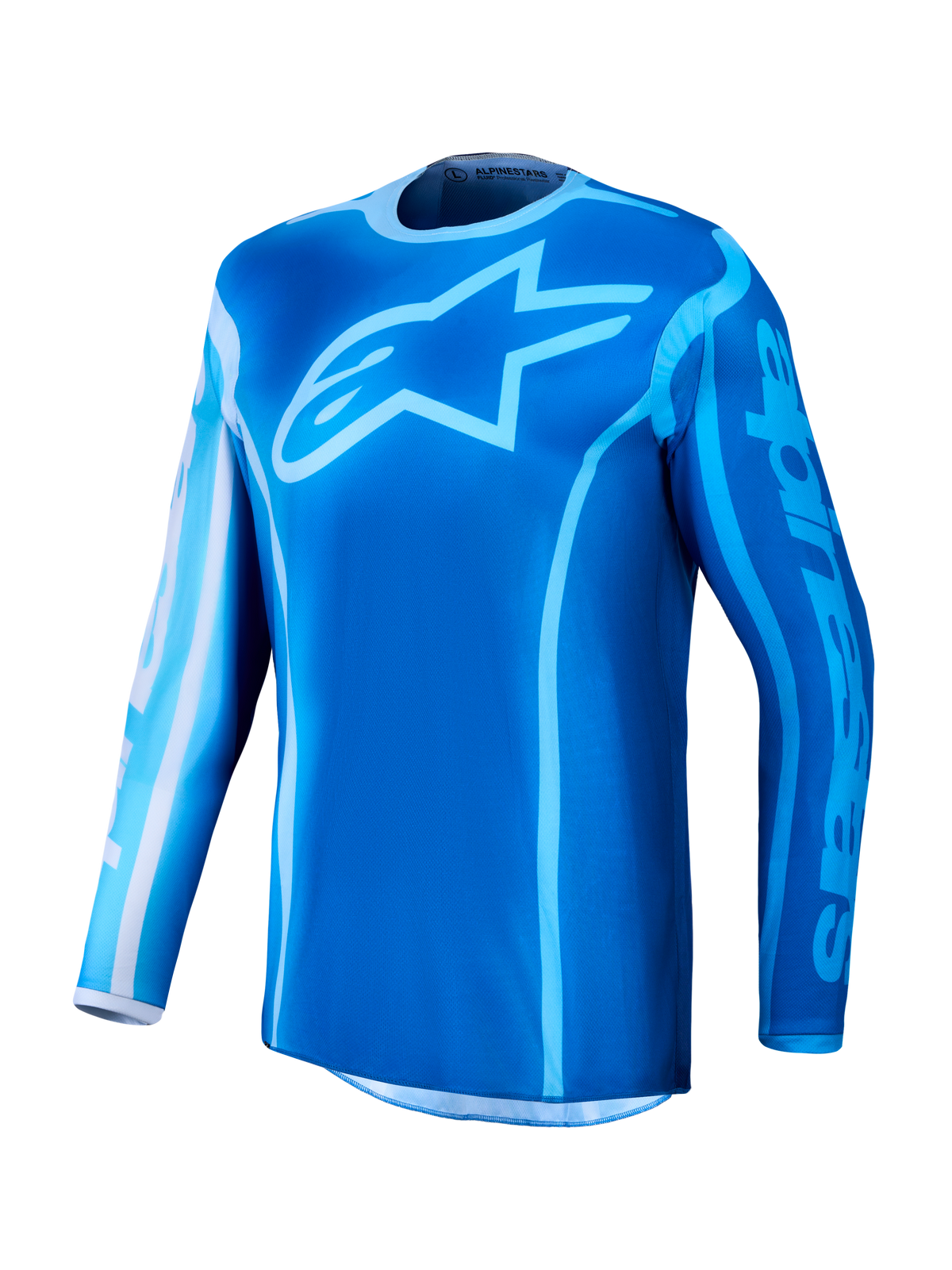 Alpinestars 2027 Fluid Kepler trøje, blå motocrosstrøje i fugttransporterende polyfabric med stort stjernelogo på brystet.