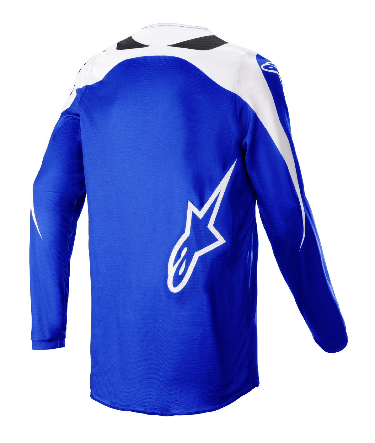Alpinestars 2023 Fluid Narin Jersey, Motocross Jersey, Blue Ray White, back view featuring a large white A-star logo, white shoulder panels, breathable poly-fabric for off-road performance