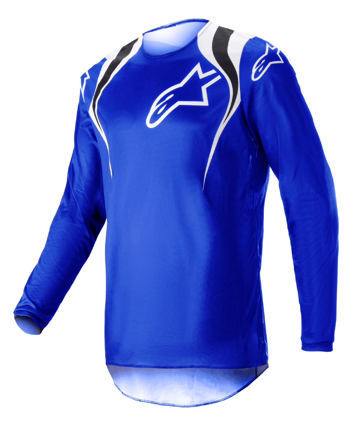 Alpinestars 2023 Fluid Narin Jersey, motocross-trøje, Blue Ray White, med hvide og sorte detaljer på skuldrene og hvidt logo på brystet, letvægts langærmet design til terrænkørsel
