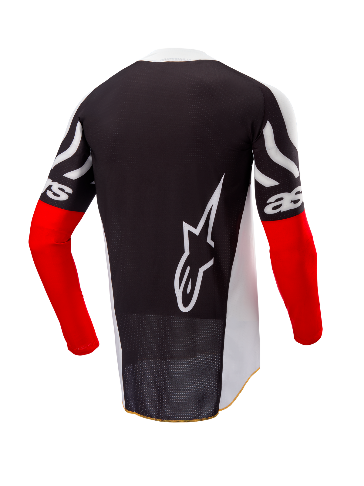 Alpinestars Limited Edition Techstar Deep jersey, motocross-trøje, set bagfra, sort og hvid med High Red ærmer, stort hvidt Alpinestars-logo på ryggen, atletisk race-pasform med perforeret poly-stof