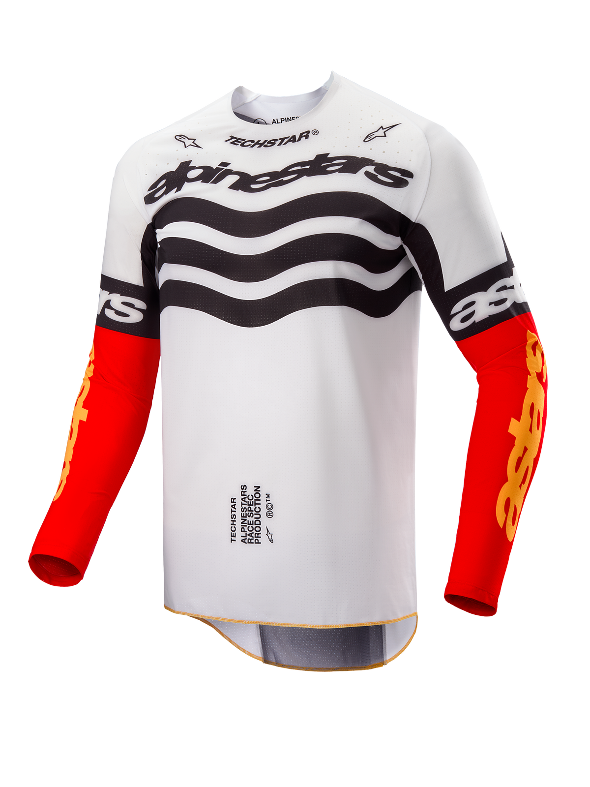 Alpinestars Limited Edition Techstar Deep trøje, motocross-trøje, hvidt og sort design med bølgegrafik på brystet, klare røde ærmer med gult Astars-branding, højtydende off-road racingudstyr