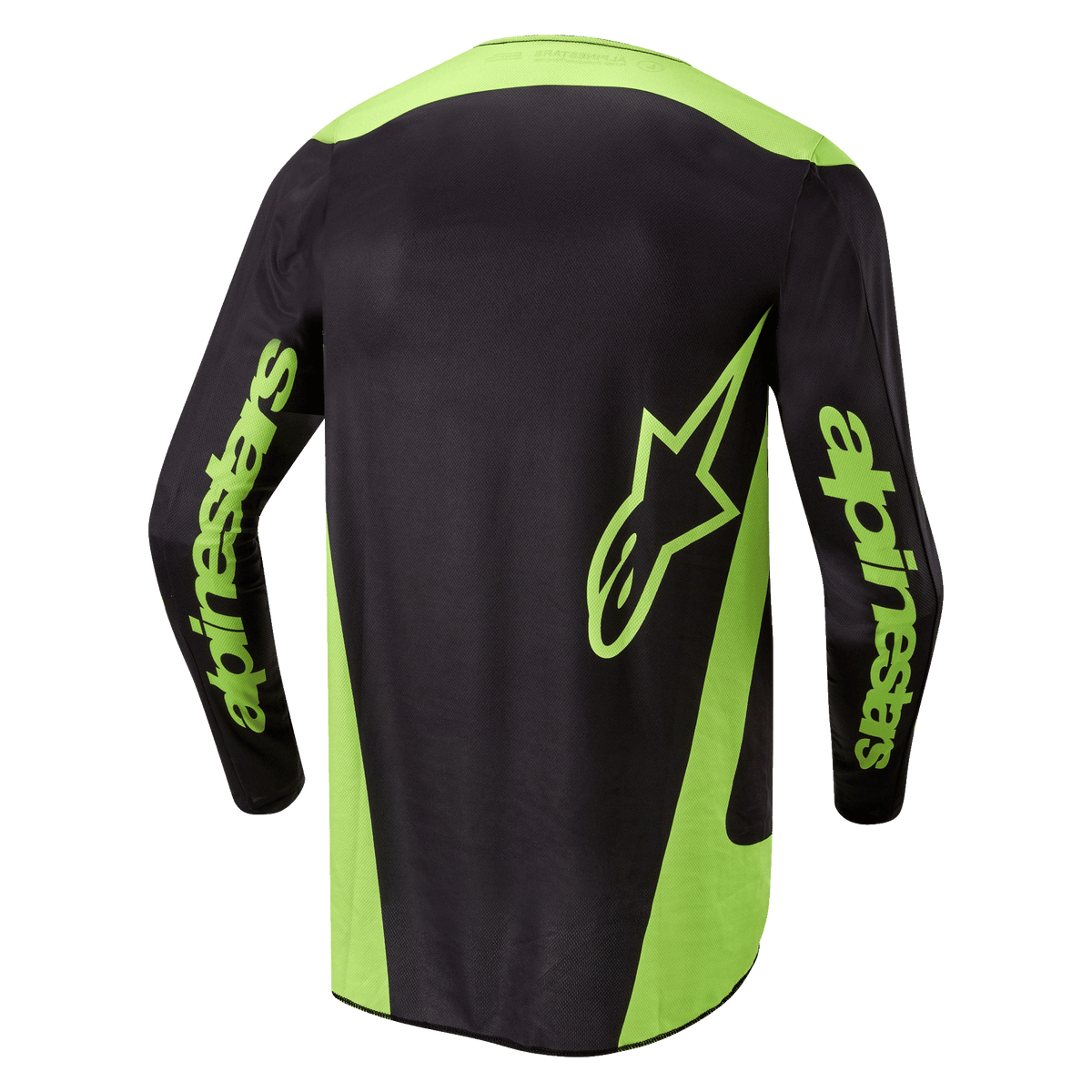 Alpinestars 2024 Fluid Lurv Jersey, Motocross Jersey, Black and Yellow Fluo, back view featuring neon yellow side panels, a large star logo on the lower back, and Alpinestars branding on the sleeves