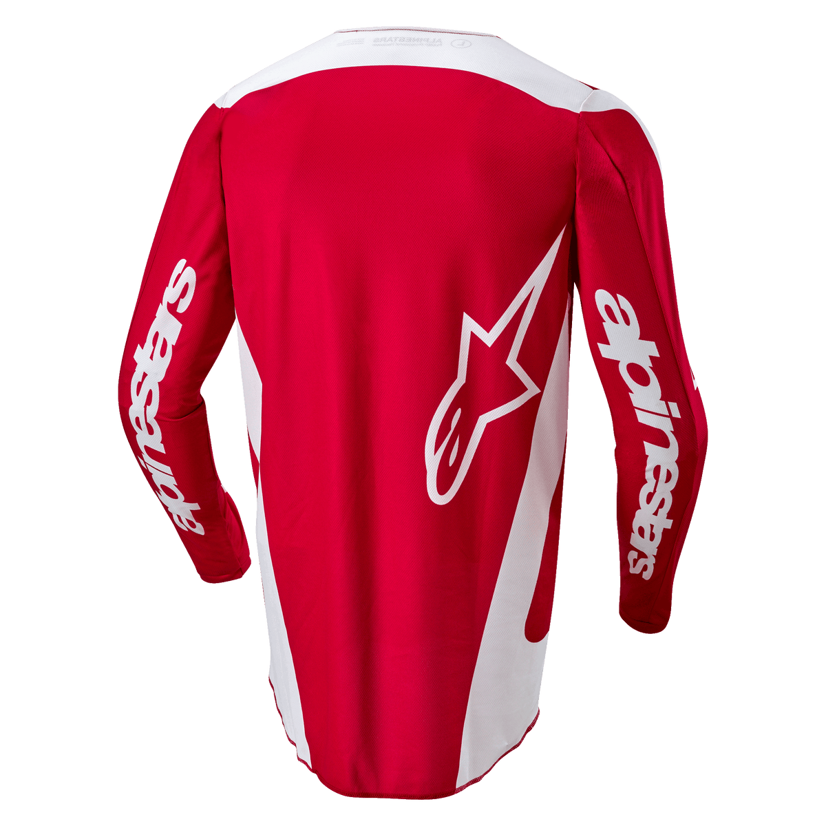 Alpinestars 2024 Fluid Lurv jersey, motocross-trøje, Mars Red og hvid, set bagfra med et stort hvidt stjernelogo på ryggen, hvide sidepaneler og branding på ærmerne