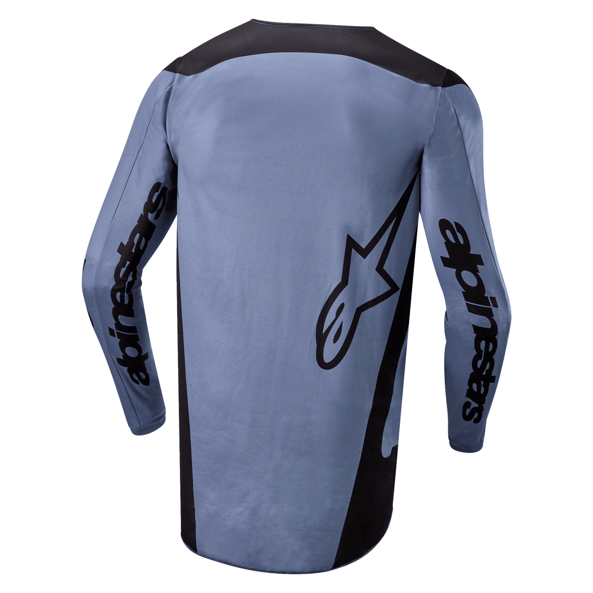 Alpinestars 2024 Fluid Lurv Jersey, Motocross Jersey, Light Blue and Black, Back view showing Alpinestars branding on sleeves and star logo on the back, extended rear hem, breathable performance fabric for off-road racing.