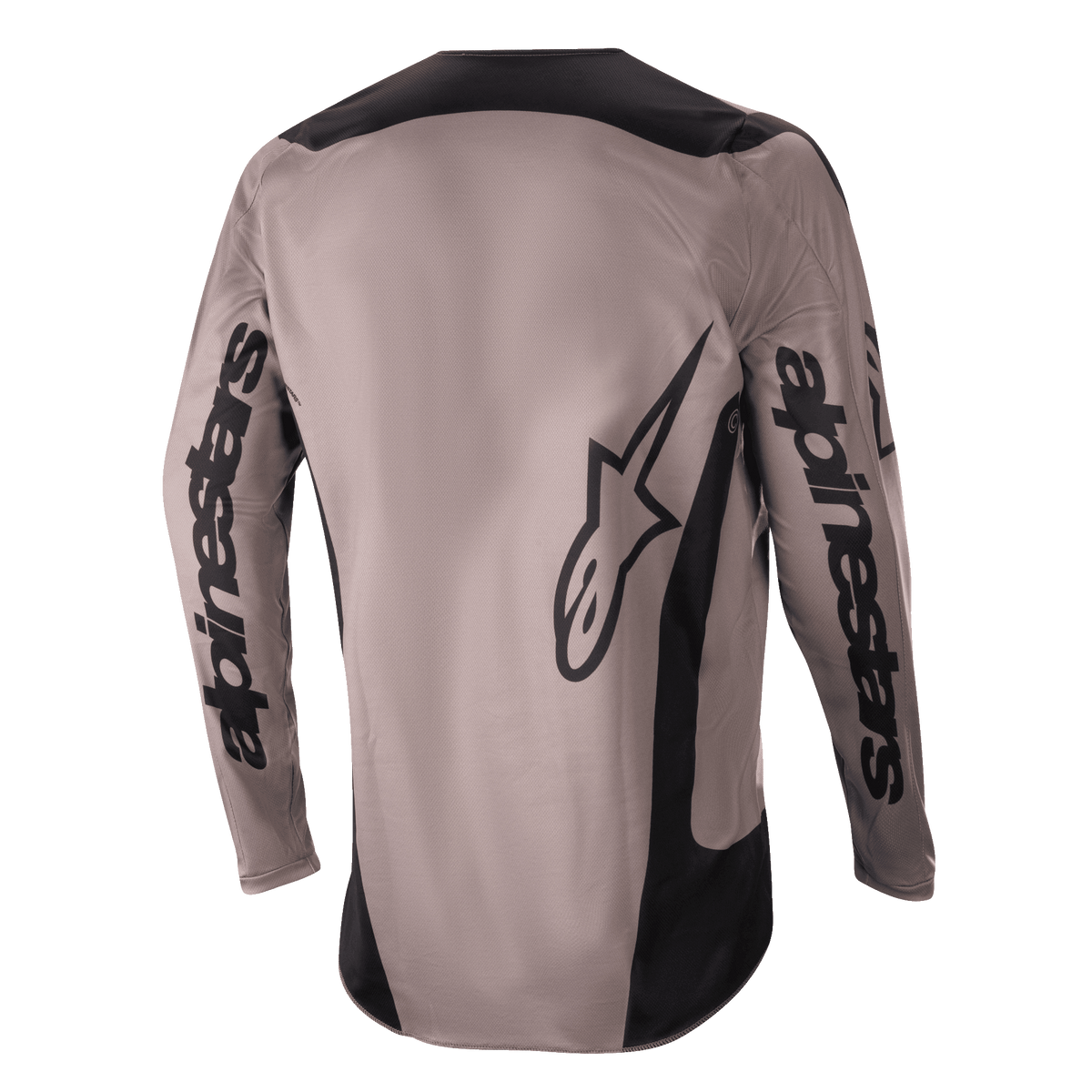 Alpinestars 2024 Fluid Lurv trøje, motocross trøje, Mud Black, set bagfra med stor Alpinestars-branding på ærmerne og den nederste del af ryggen, sorte paneler på skuldre og sider, performance off-road køreudstyr