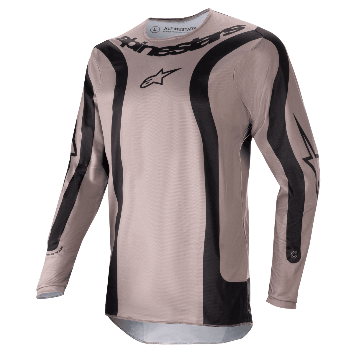 Alpinestars 2024 Fluid Lurv trøje, motocross trøje, Mud Black, med sorte buede grafiske paneler og centralt Alpinestars-logo, letvægts åndbart poly-stof til off-road racerpræstationer