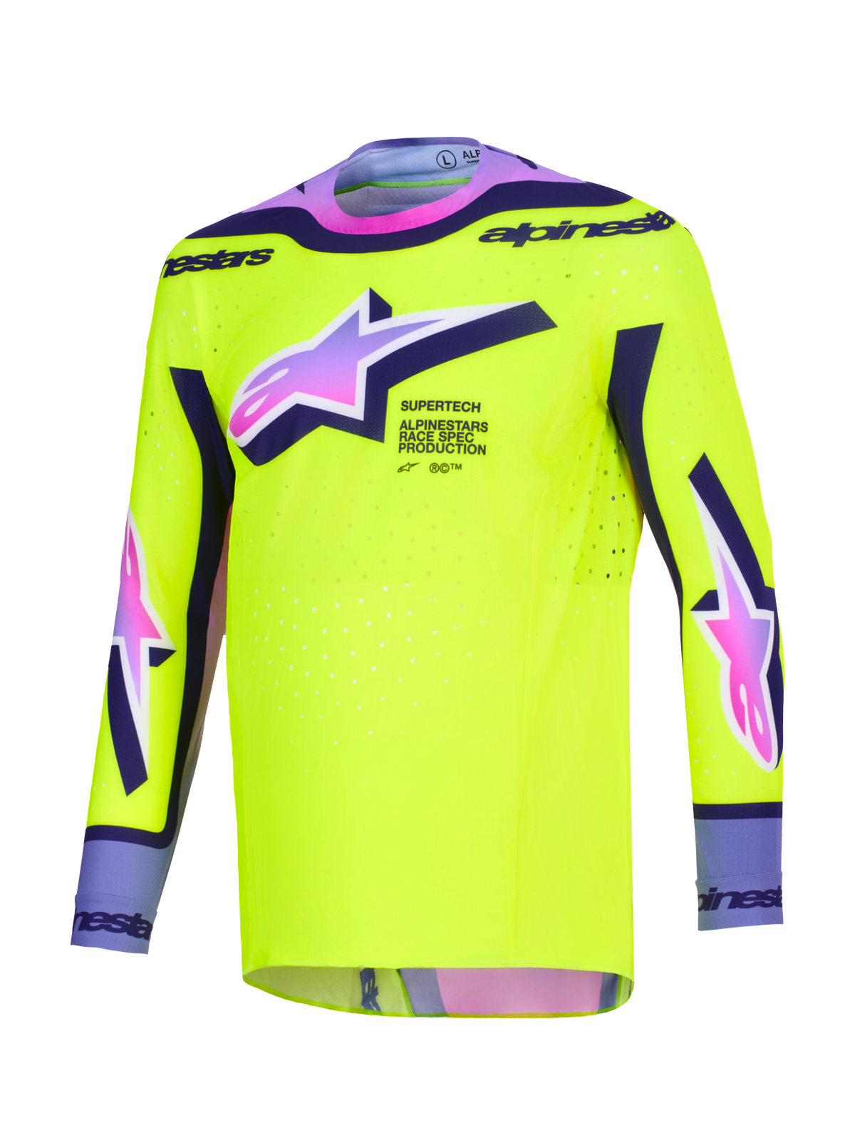 Alpinestars 2026 Supertech Vista trøje, motocross jersey, stærk gul med lilla og sorte detaljer, lyserød-til-lilla gradient Astars-logoer, atletisk race-pasform med laser-skårne perforeringer til off-road racerpræstation