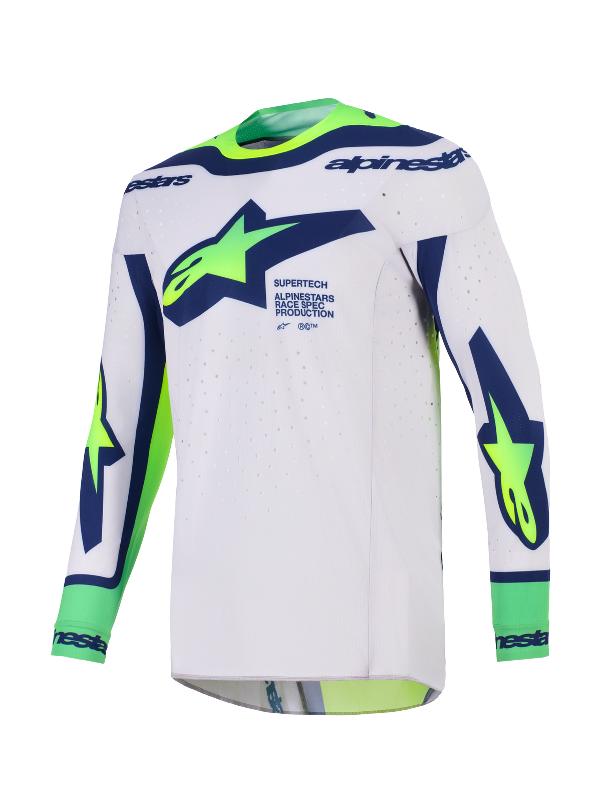 Alpinestars 2026 Supertech Vista Jersey, motocross jersey, lysegrå med blå og gul fluo, med stort Alpinestars-logo på brystet, laserskårne ventilationshuller og sømløs konstruktion til terrænkørsel