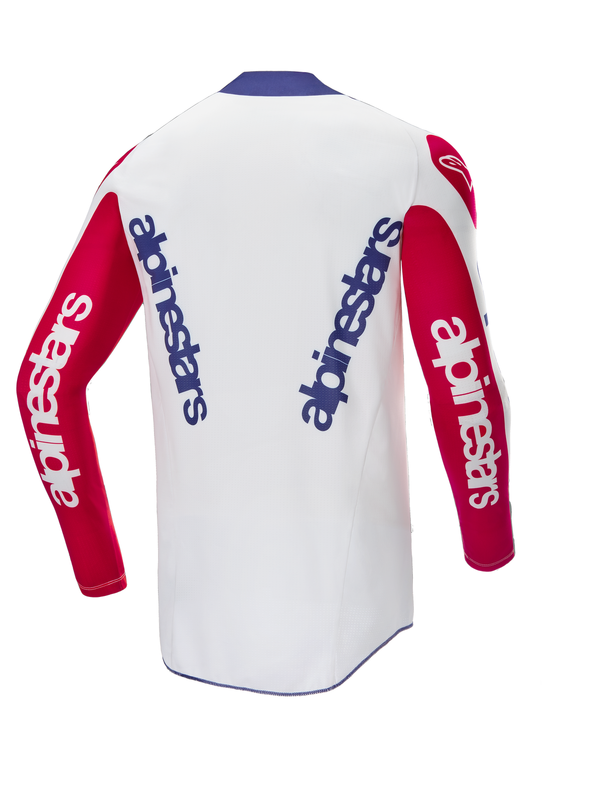 Alpinestars Limited Edition Techstar Fortitude Jersey, motocross-trøje, klar rød, hvid og blå, set bagfra med lodret blå branding på en hvid ryg og røde ærmer, racing-afledt pasform til motocross