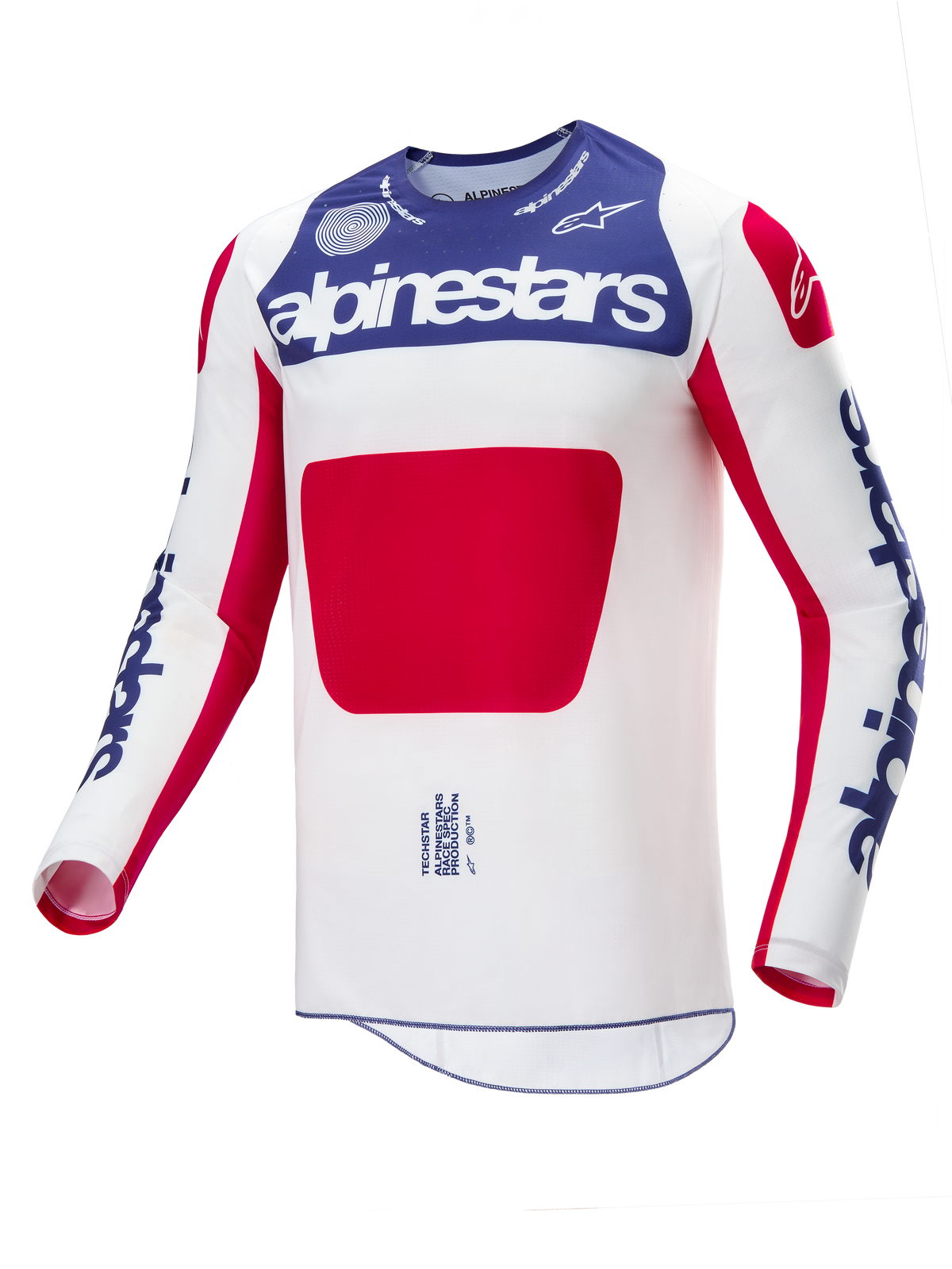 Alpinestars Limited Edition Techstar Fortitude Jersey, motocross-trøje, rød, hvid og blå, med hvid krop, et stort rødt midterpanel, blåt brystparti med hvidt Alpinestars-logo og blå logoer på ærmerne, designet til høj ydeevne ved terrænkørsel