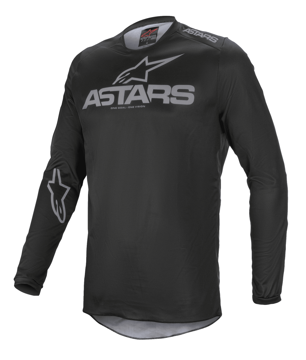 Alpinestars Fluid Graphite Jersey, motocross trøje, sort og mørkegrå, med gråt ASTARS-logo på brystet og skulderen, stjernelogo på ærmet, langærmet teknisk mesh-konstruktion til off-road racing