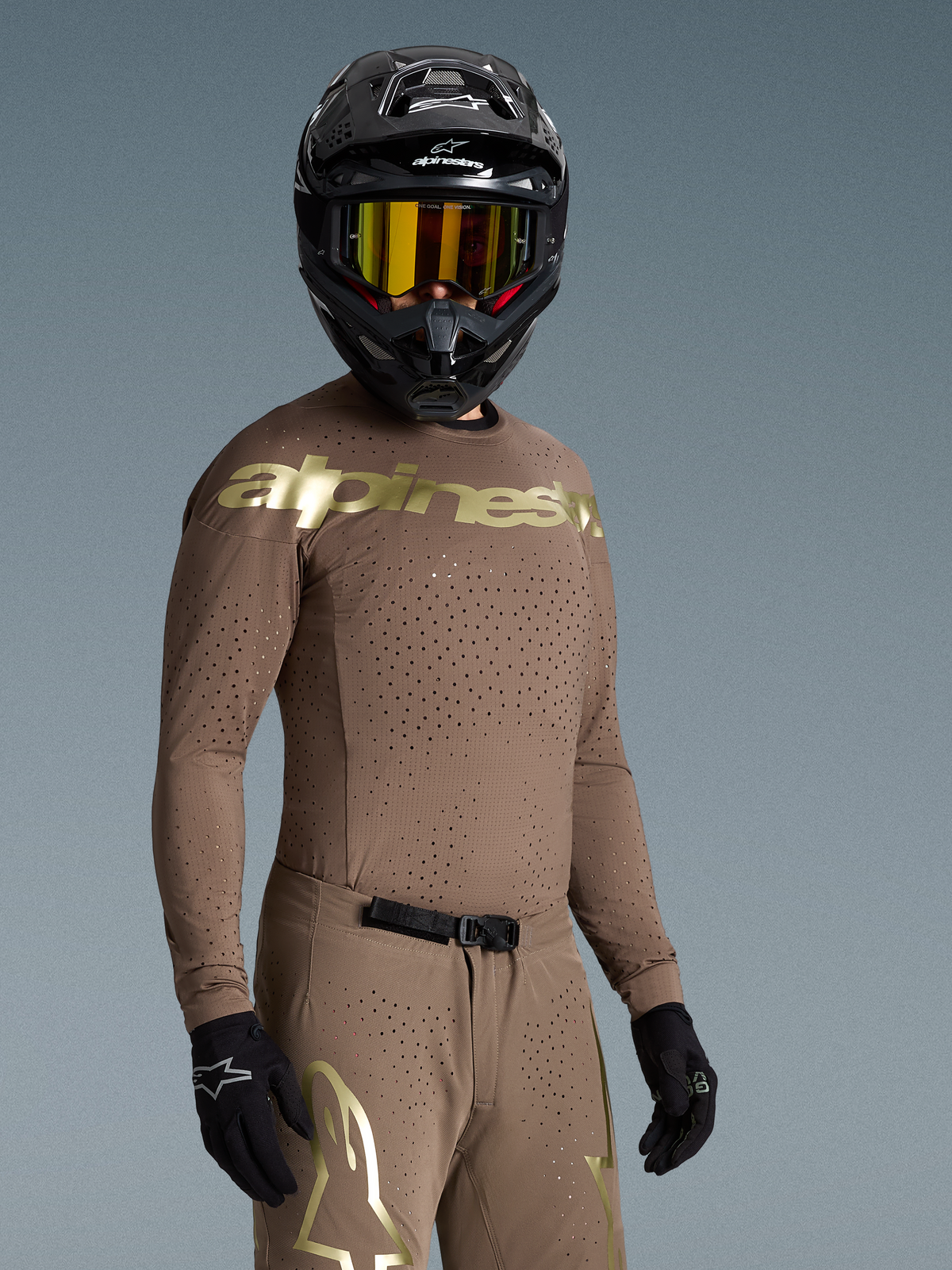 Alpinestars Limited Edition Supertech Air Gold Gear Set, Earth Brown and Gold motocross kit with laser-cut ventilation.