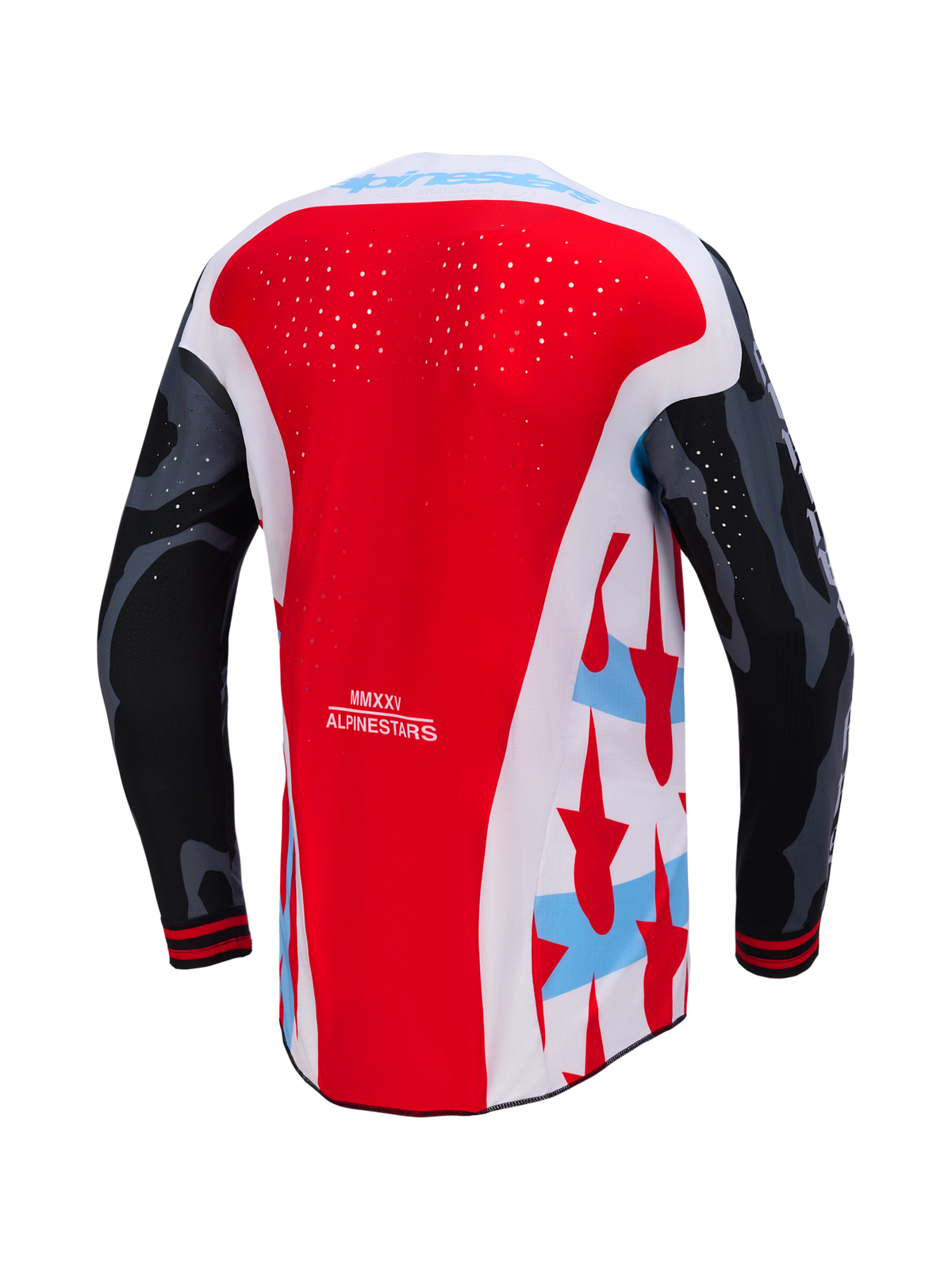 Alpinestars Techstar Beast Coast trøje, rød og hvid motocross-trøje bagfra med perforeringer og stjerne-grafik.