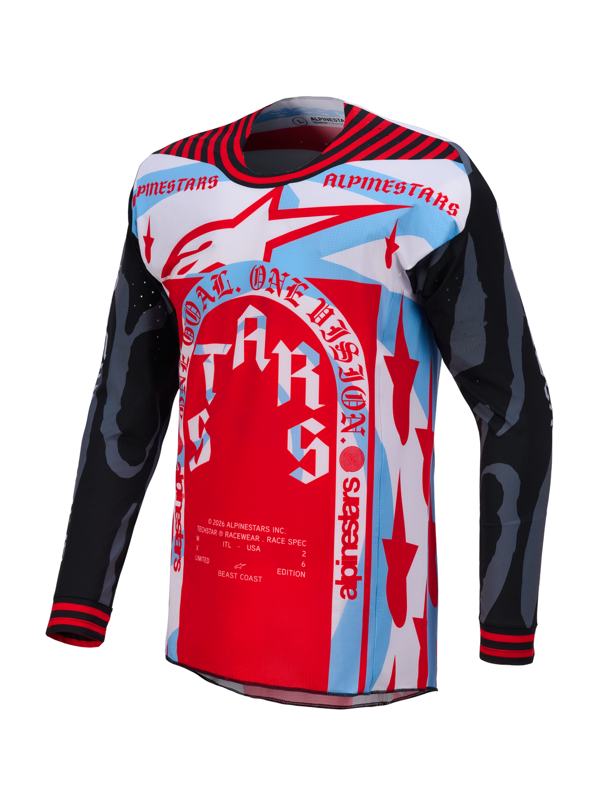 Techstar Beast Coast Trøje Begrænset Udgave, rød, hvid og blå motocross-trøje med grafik og atletisk pasform.