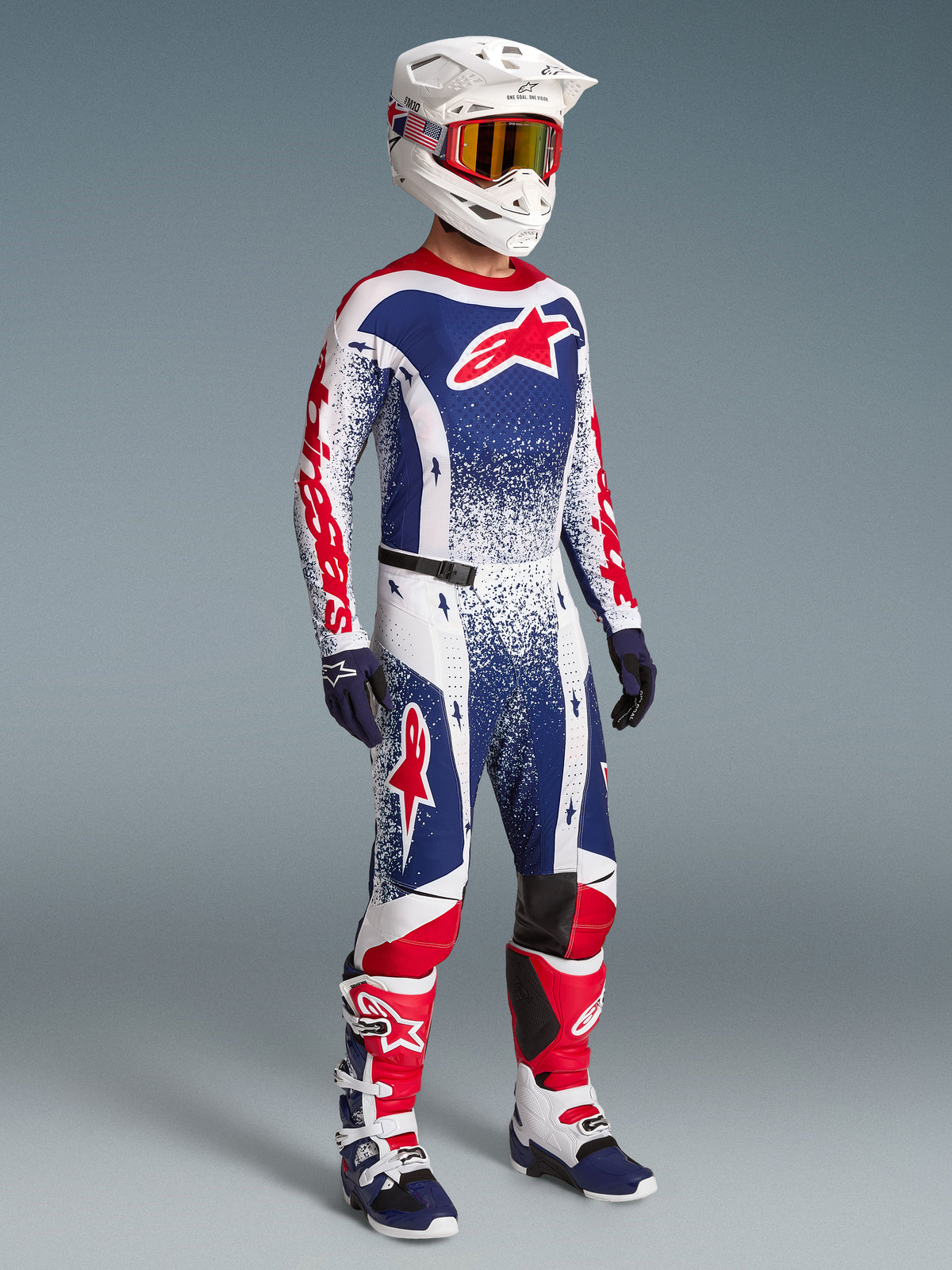 Alpinestars Limited Edition Techstar Unity Jersey, Men's Motocross Gear Set in Red, White, and Blue with a Performance Fit.