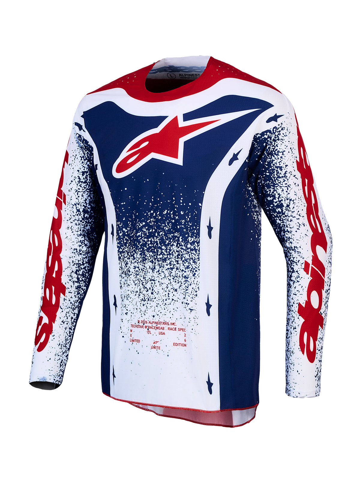 Alpinestars Limited Edition Techstar Unity Jersey, red, white, and blue performance motocross top for off-road racing.