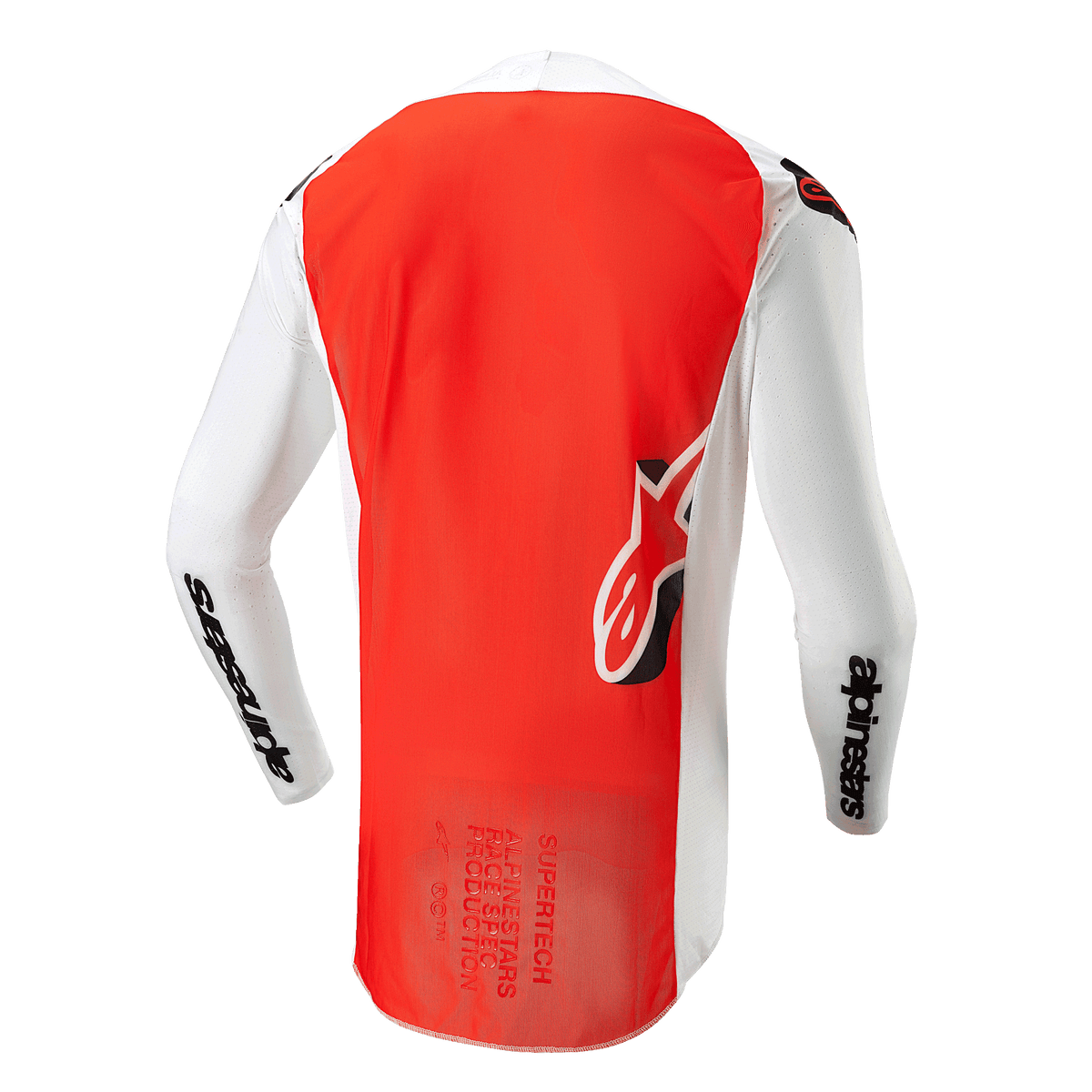 Alpinestars 2024 Supertech Ward trøje, set bagfra, White Hot Orange, stort orange midterpanel, hvide ærmer og sidepaneler med sort Alpinestars-branding, Astar-logo nederst på ryggen, professionel mesh-konstruktion til motocross.