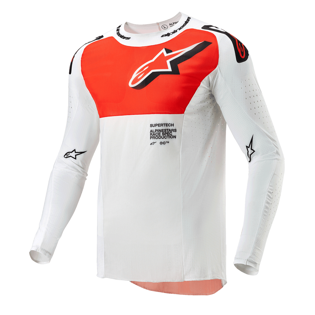 Alpinestars 2024 Supertech Ward trøje, motocross-trøje, hvid og Hot Orange, langærmet teknisk overdel med stor orange brystgrafik, stjernelogo og åndbar perforeret konstruktion til off-road racing.