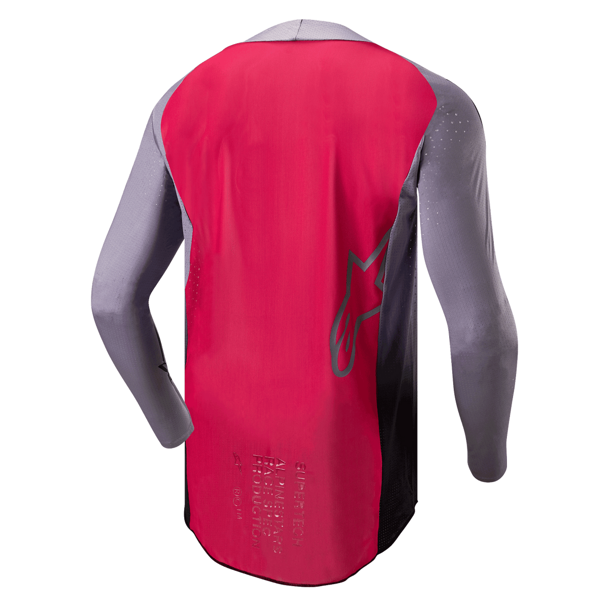 Alpinestars 2024 Supertech Dade trøje, motocross-trøje, Iron Red Berry og grå, set bagfra med åndbar mesh-konstruktion, kontur af Alpinestars stjernelogo og professionel race-spec branding