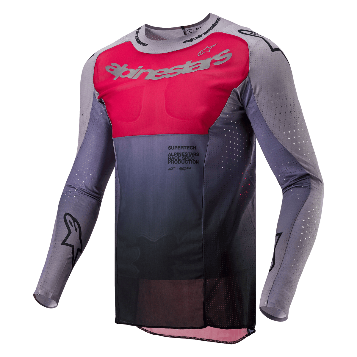 Alpinestars 2024 Supertech Dade trøje, motocross-trøje, Iron Red Berry og grå, med et markant rødt brystpanel med sølvfarvet branding, mørkegrå farveovergang ved taljen, laserskårne perforeringer på ærmerne og siderne og et atletisk race fit-design.