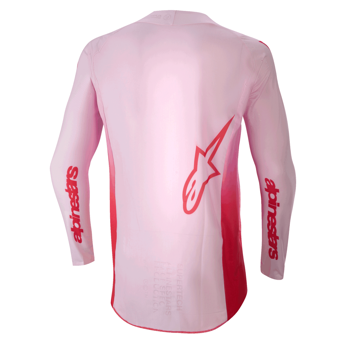 Alpinestars 2024 Supertech Dade Jersey, motocross-trøje, Red Berry Lilac, set bagfra med et stort rødt Astar-logo på ryggen og rød Alpinestars-branding på ærmerne, letvægts stretch-mesh-konstruktion med et forlænget rygpanel til terrænkørsel.