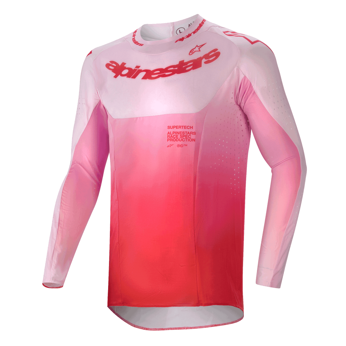 Alpinestars 2024 Supertech Dade trøje, motocross trøje, Red Berry Lilac, med pink til rød farveovergang, langærmet atletisk pasform med laserskårne ventilationshuller og markant branding på brystet, performance-udstyr til terrænkørsel