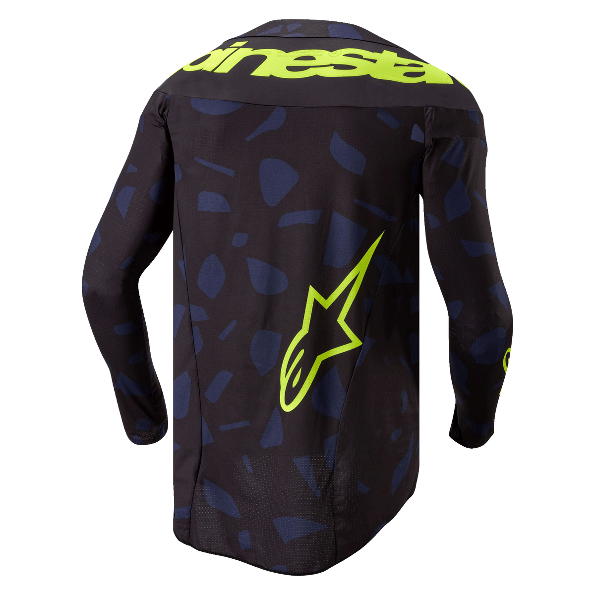 Alpinestars 2024 Techstar Rantera Jersey, motocross-trøje, sort, navy og gul fluo, set bagfra, med et navyblåt geometrisk mønster på en sort baggrund, markant gul fluo Alpinestars-tekst over skuldrene og et stort stjernelogo nederst på ryggen, teknisk langærmet udstyr til off-road racing