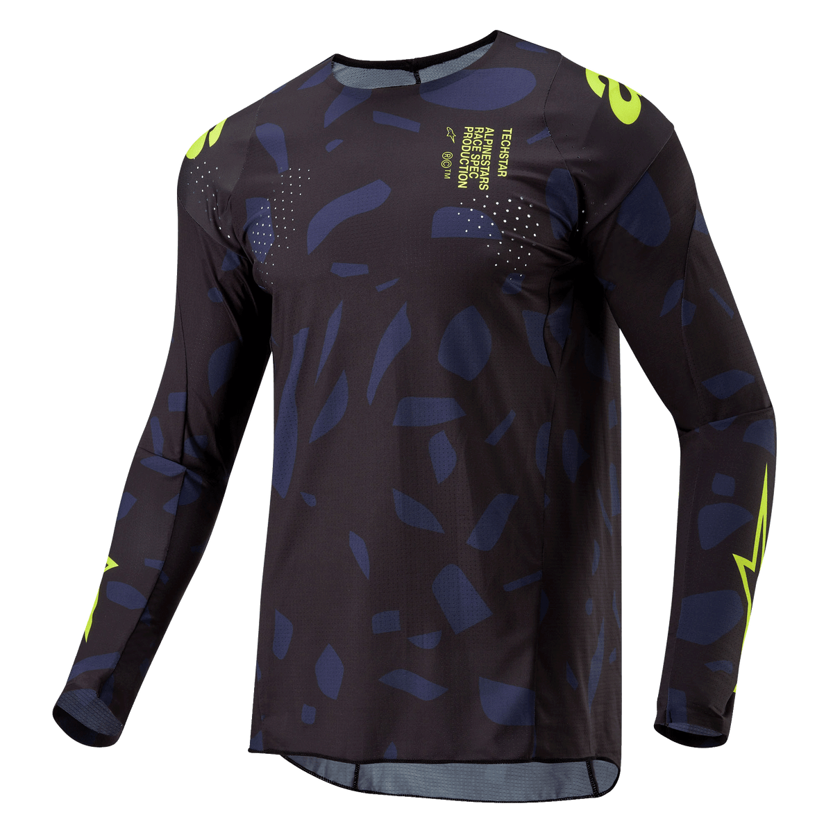 Alpinestars 2024 Techstar Rantera trøje, motocross trøje, sort, navy og fluoriserende gul, langærmet atletisk pasform med abstrakt mønster, neongule branding- og tekstdetaljer, designet til off-road præstationer