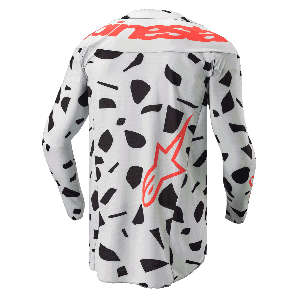 Alpinestars 2024 Techstar Rantera Jersey, set bagfra, langærmet motocross-trøje, Haze Gray Camo med sorte abstrakte mønstre, stort rødt Alpinestars-navnetræk over skuldrene og et rødt stjernelogo nederst på siden, designet til off-road-performance