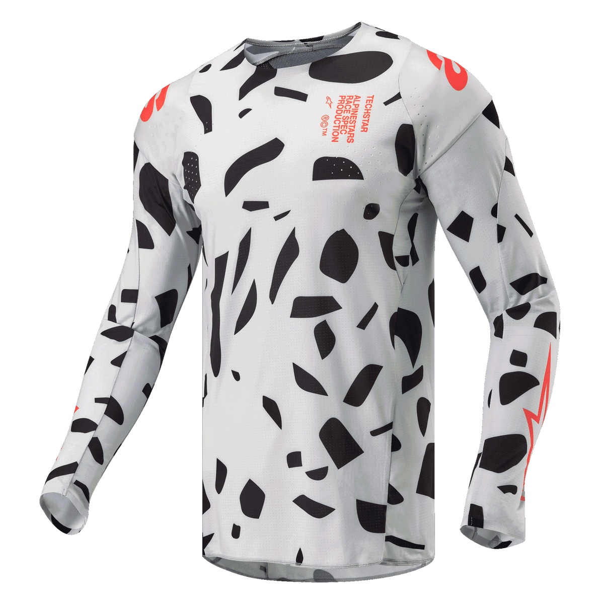 Alpinestars 2024 Techstar Rantera Jersey, motocross-trøje, Haze Gray Camo med sorte abstrakte former og orange detaljer, lange ærmer, teknisk off-road racerudstyr