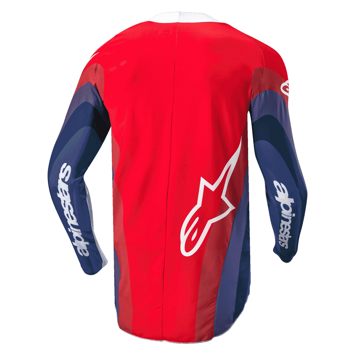 Alpinestars 2024 Techstar Pneuma Jersey, Motocross Jersey, Red, Blue and White, back view showing wavy graphics on sleeves, white Alpinestars wordmark on arms and Astar logo on the lower back, ergonomic design for off-road riding