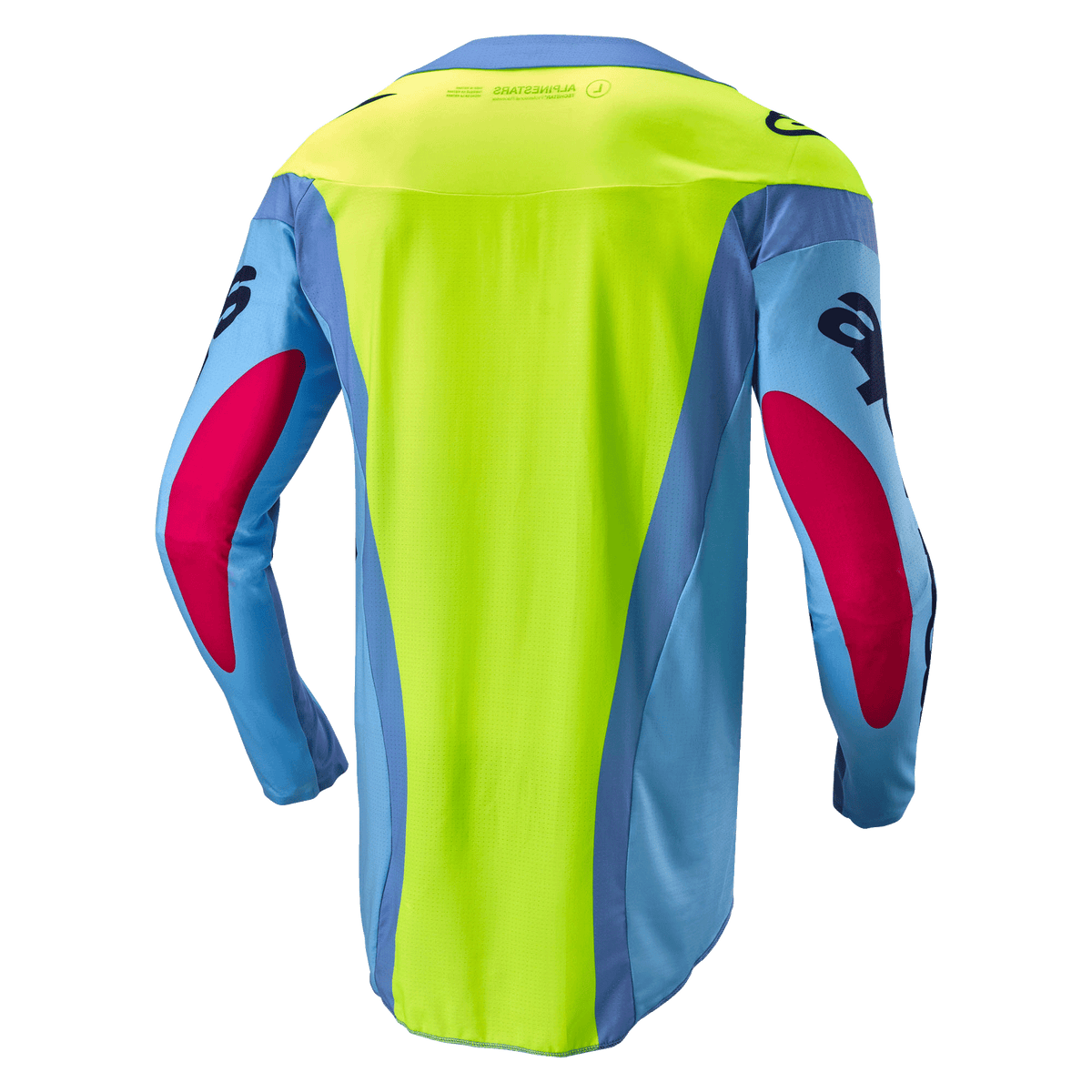 Alpinestars 2024 Techstar Ocuri trøje, motocross trøje, lyseblå, neongul og rød, set bagfra med et lysende neongult rygpanel, lyseblå ærmer med røde detaljer, ergonomisk atletisk pasform til off-road kørsel