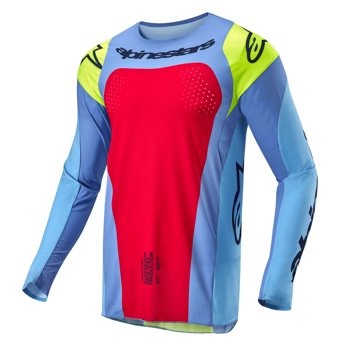 Alpinestars 2024 Techstar Ocuri Jersey, motocross-trøje, lyseblå med Red Berry og Yellow Fluo detaljer, sorte logoer, laserskårne perforeringer for ventilation, atletisk race-pasform til off-road kørsel