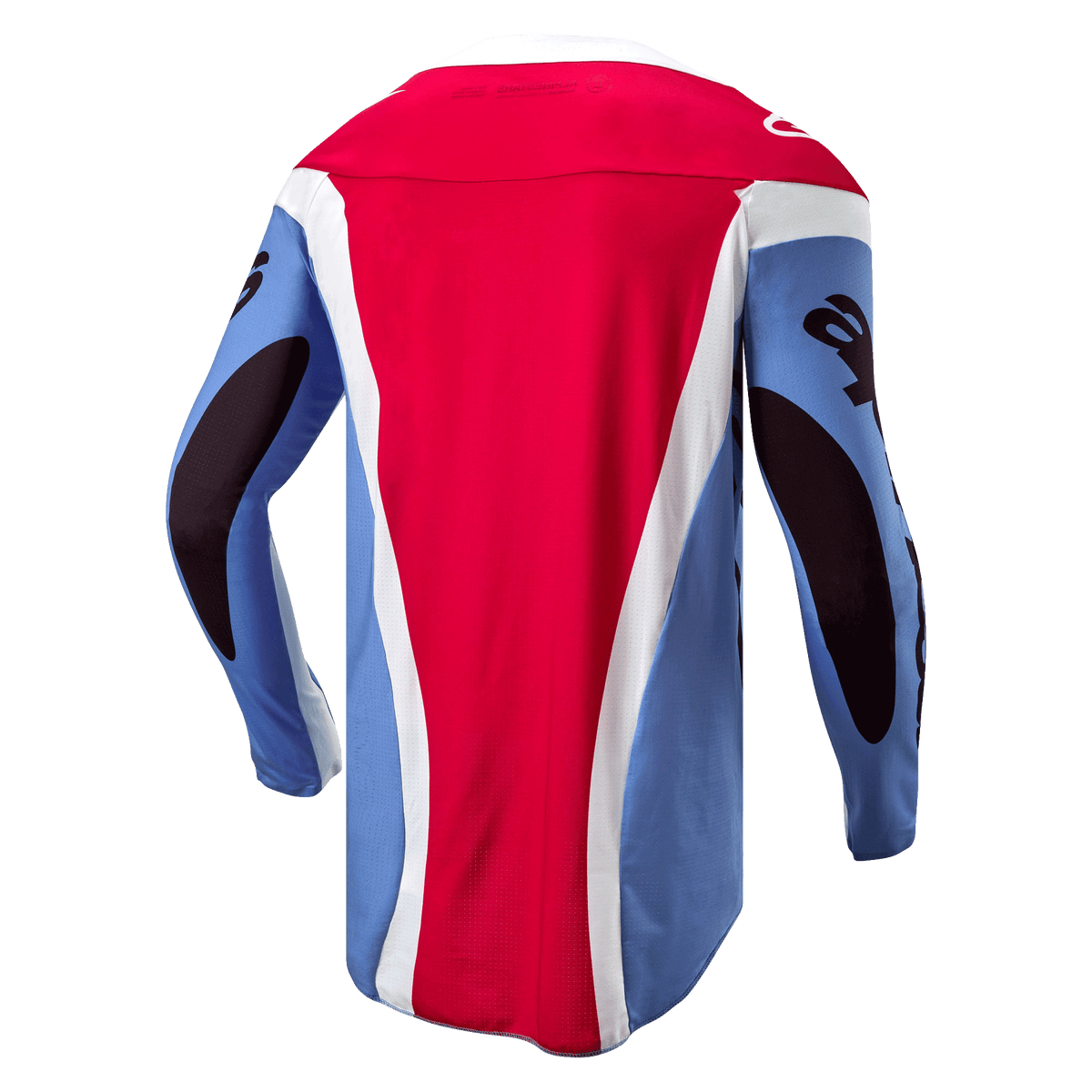 Alpinestars 2024 Techstar Ocuri Jersey, motocross-trøje, lyseblå, Mars-rød og hvid, set bagfra med atletisk race-pasform, forlænget rygstykke og sort grafik på ærmerne