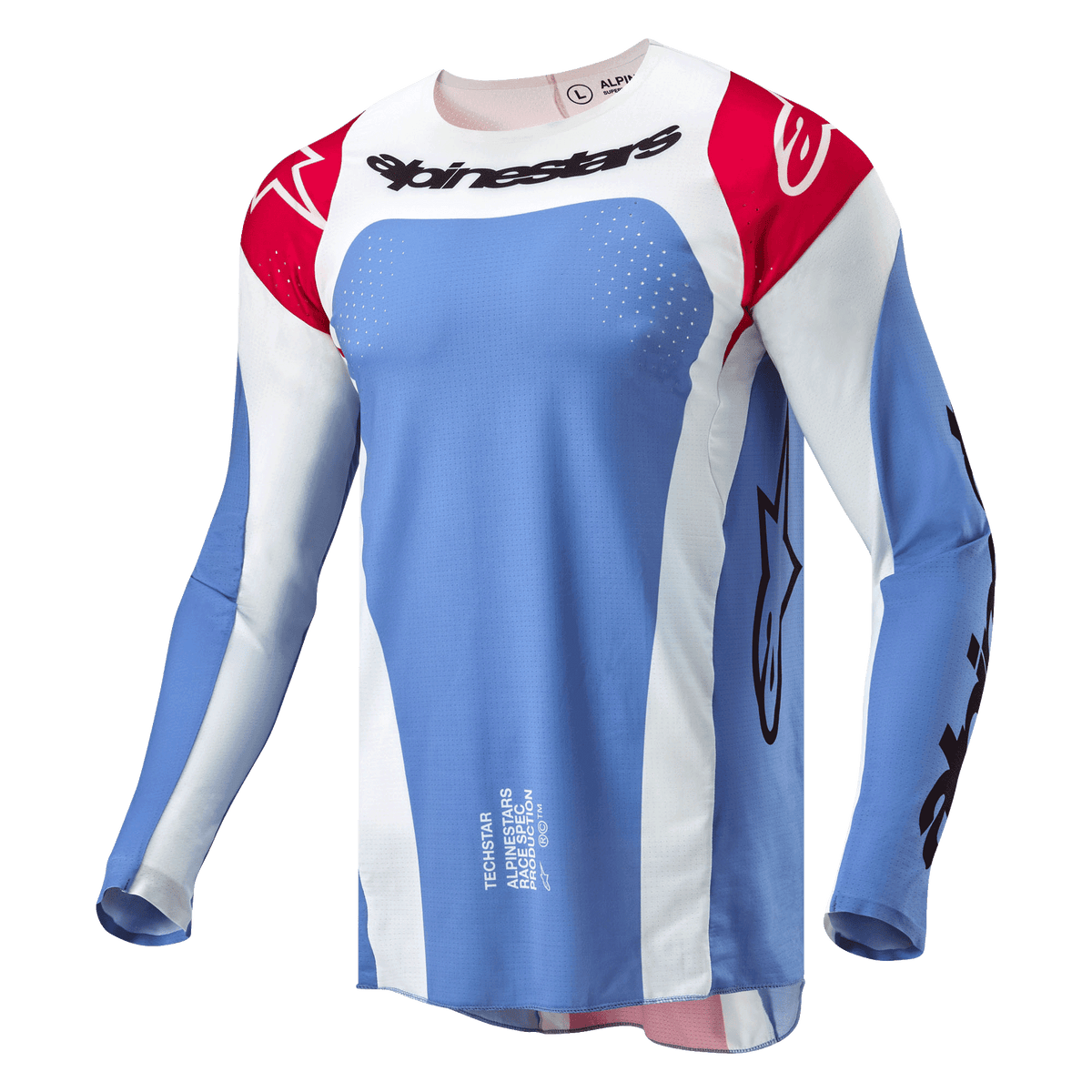 Alpinestars 2024 Techstar Ocuri jersey, motocross-trøje, lyseblå, Mars Red og hvid, med sort Alpinestars-navnetræk på brystet, røde skuldre med hvide logoer og laserskårne perforeringer til ventilation
