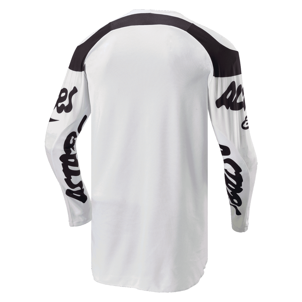 Alpinestars 2024 Racer Hana Jersey, motocross trøje, hvid og sort, set bagfra med forlænget rygstykke for dækning, sorte paneler på skuldrene og sorte script-logoer på ærmerne, slidstærkt fugttransporterende materiale til off-road kørsel